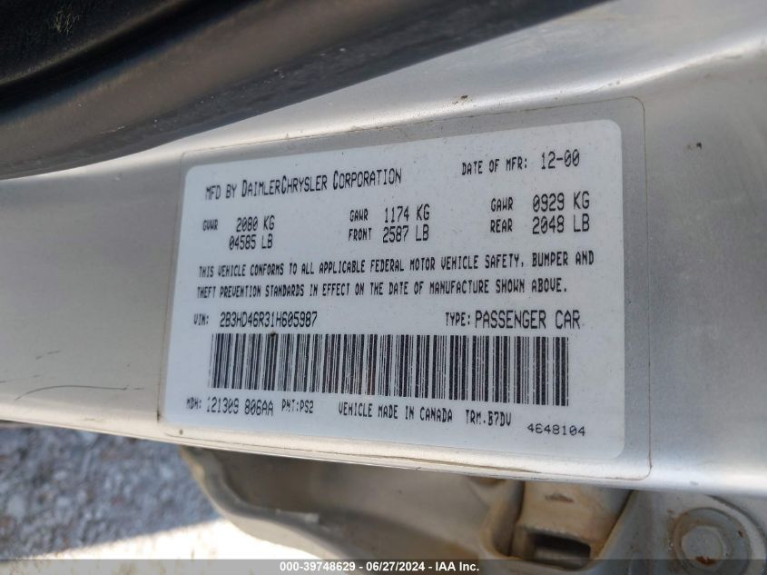 2001 Dodge Intrepid Se VIN: 2B3HD46R31H605987 Lot: 39748629