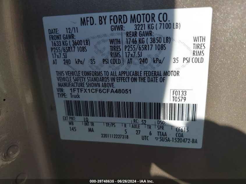 2012 Ford F-150 Xlt VIN: 1FTFX1CF6CFA48051 Lot: 39748635