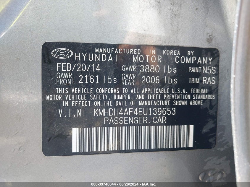 2014 Hyundai Elantra Se VIN: KMHDH4AE4EU139653 Lot: 39748644