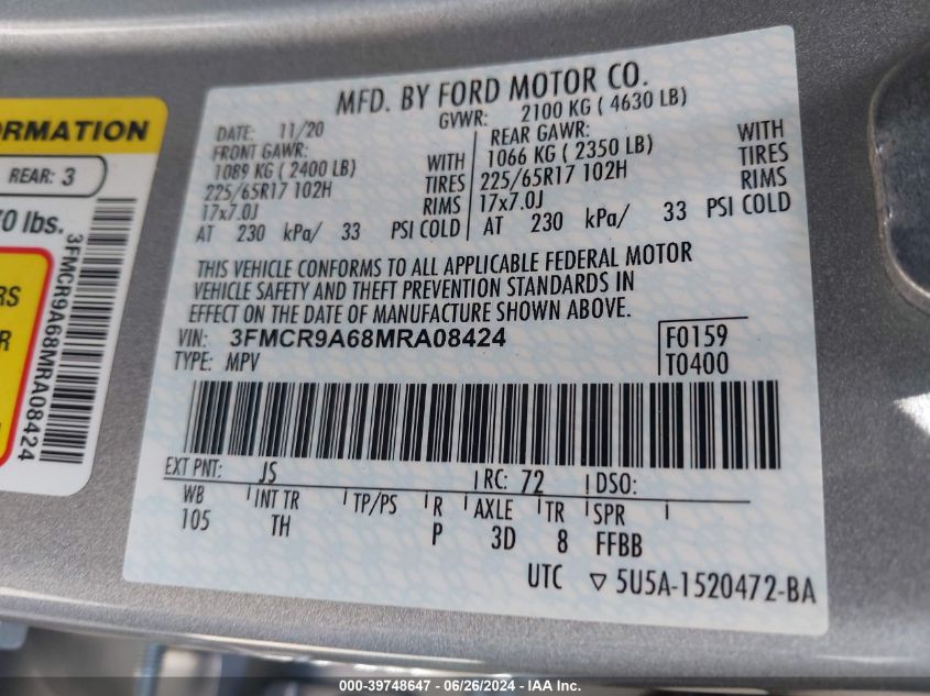 2021 Ford Bronco Sport VIN: 3FMCR9A68MRA08424 Lot: 39748647