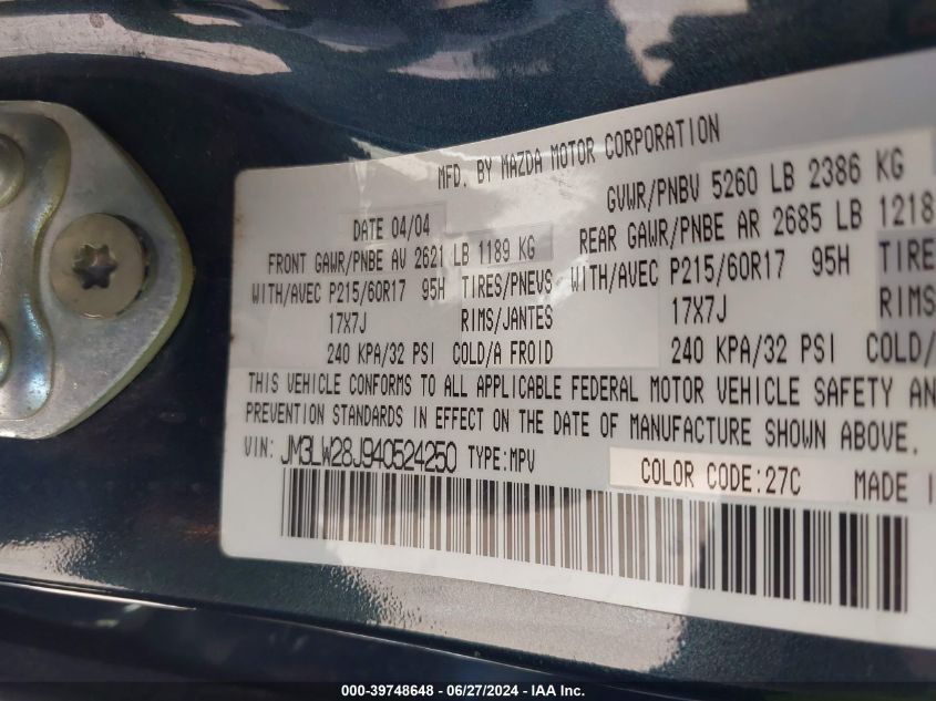 2004 Mazda Mpv Es VIN: JM3LW28J940524250 Lot: 39748648