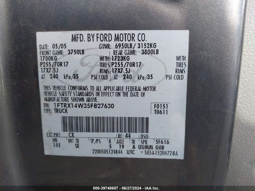 2005 Ford F-150 Stx/Xl/Xlt VIN: 1FTRX14W35FB27630 Lot: 39748657