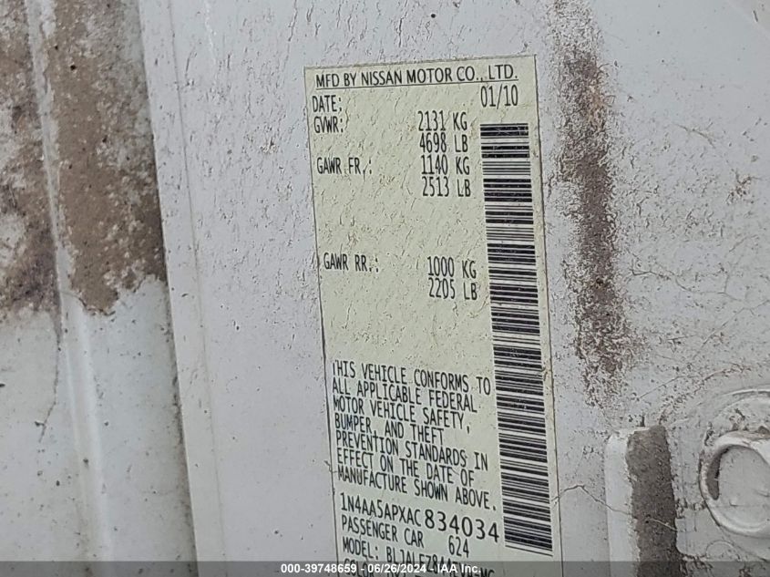 2010 Nissan Maxima 3.5 Sv VIN: 1N4AA5APXAC834034 Lot: 39748659