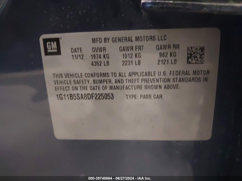 2013 Chevrolet Malibu Ls VIN: 1G11B5SA8DF225053 Lot: 39748664