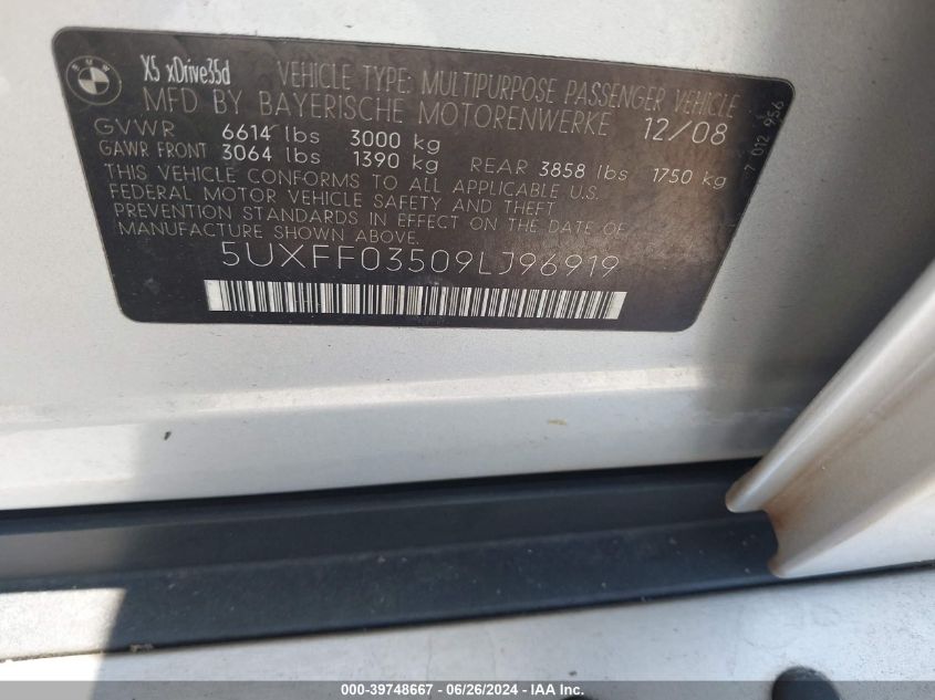 2009 BMW X5 xDrive35D VIN: 5UXFF03509LJ96919 Lot: 39748667