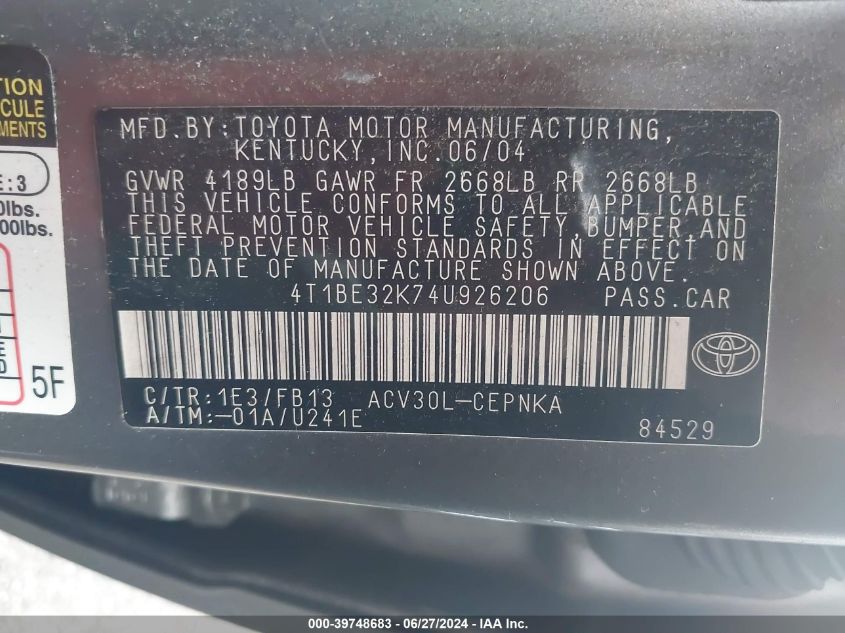 2004 Toyota Camry Le VIN: 4T1BE32K74U926206 Lot: 39748683