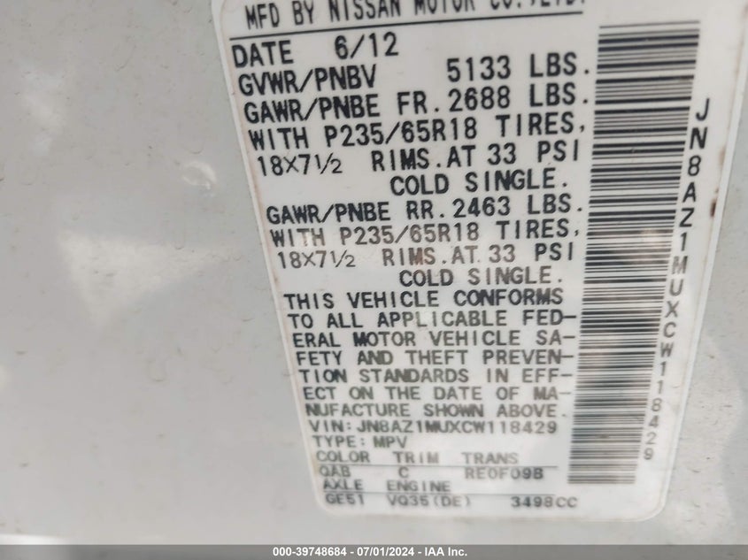 2012 Nissan Murano VIN: JN8AZ1MUXCVW11842 Lot: 39748684