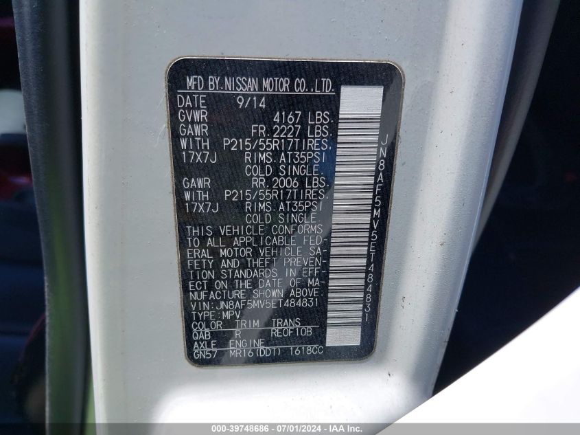 2014 Nissan Juke Sl VIN: JN8AF5MV5ET484831 Lot: 39748686