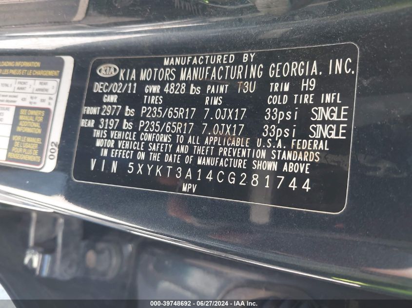 2012 Kia Sorento Lx VIN: 5XYKT3A14CG281744 Lot: 39748692