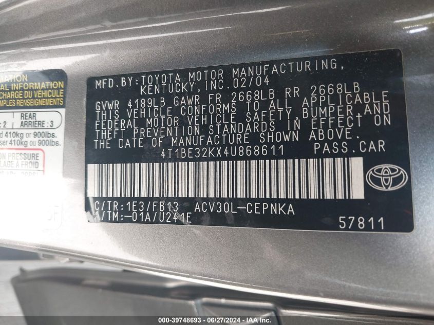 2004 Toyota Camry Le/Xle/Se VIN: 4T1BE32KX4U868611 Lot: 39748693