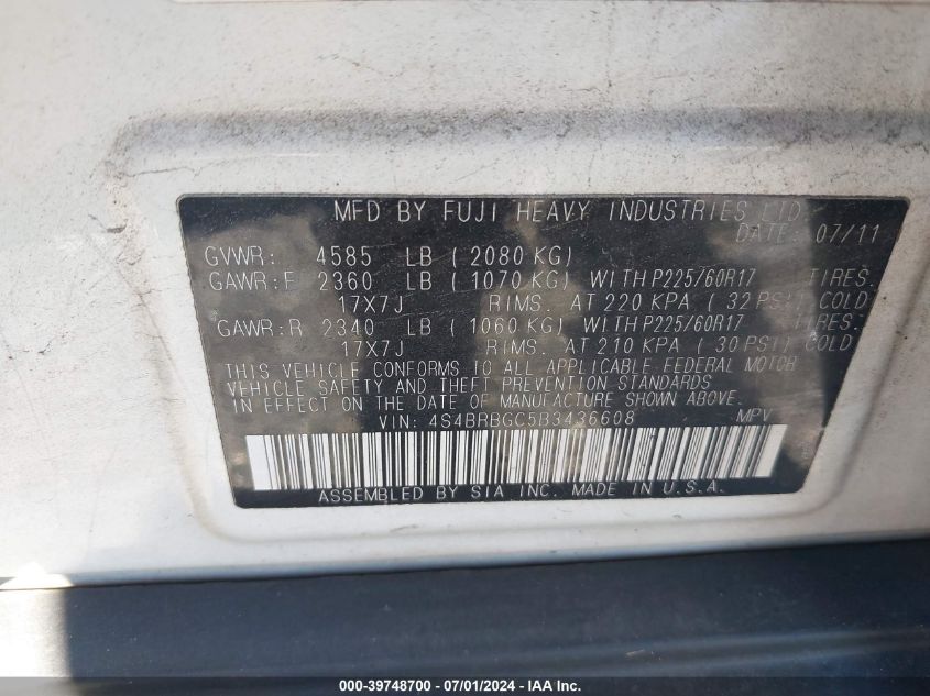 2011 Subaru Outback 2.5I Premium VIN: 4S4BRBGC5B3436608 Lot: 39748700