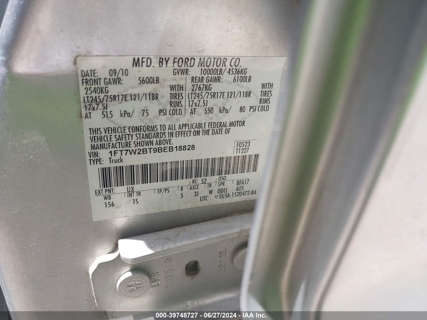 2011 Ford F250 Super Duty VIN: 1FT7W2BT9BEB18828 Lot: 39748727