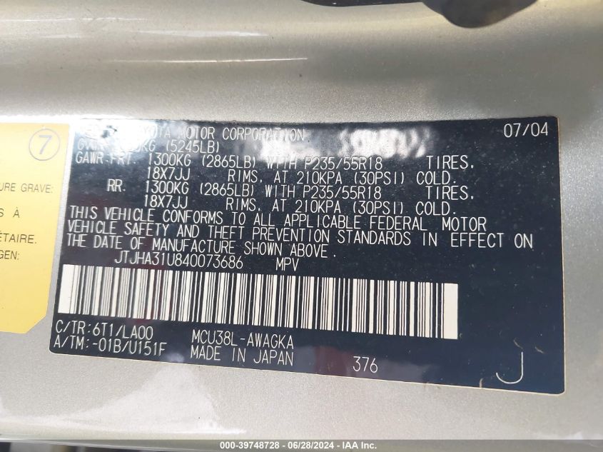 2004 Lexus Rx 330 VIN: JTJHA31U840073686 Lot: 39748728