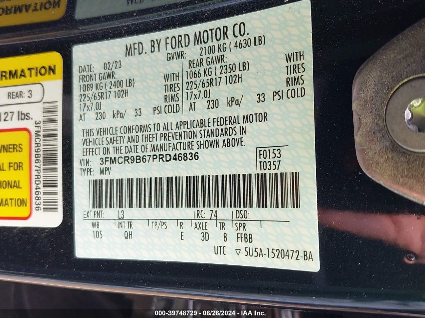 2023 Ford Bronco Sport Big Bend VIN: 3FMCR9B67PRD46836 Lot: 39748729