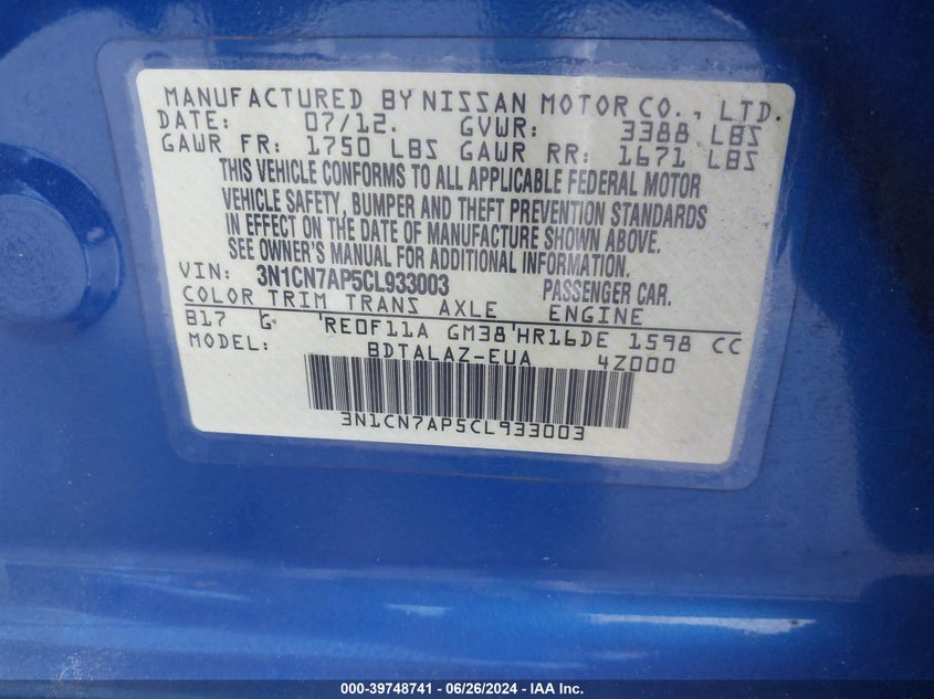 2012 Nissan Versa 1.6 S VIN: 3N1CN7AP5CL933003 Lot: 39748741