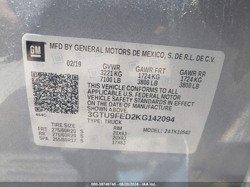 2019 GMC Sierra 1500 Denali VIN: 3GTU9FED2KG142094 Lot: 39748745