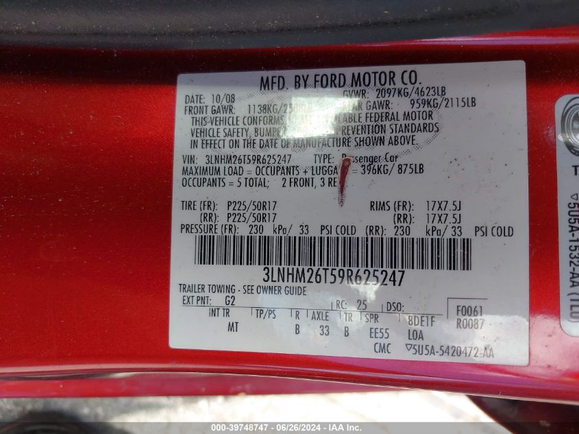 2009 Lincoln Mkz VIN: 3LNHM26T59R625247 Lot: 39748747