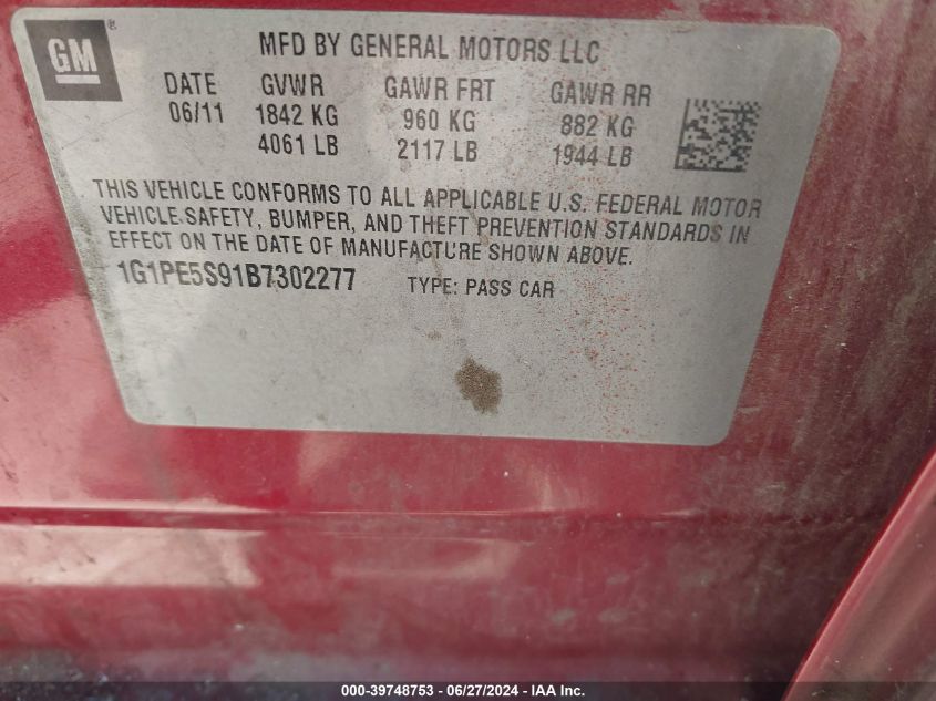 2011 Chevrolet Cruze Lt VIN: 1G1PE5S91B7302277 Lot: 39748753