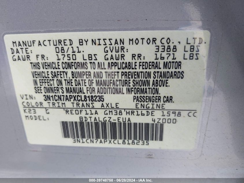 2012 Nissan Versa 1.6 Sl VIN: 3N1CN7APXCL818235 Lot: 39748758