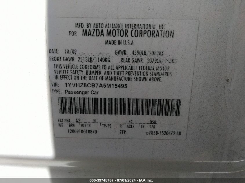 2010 Mazda Mazda6 S Grand Touring VIN: 1YVHZ8CB7A5M15495 Lot: 39748767