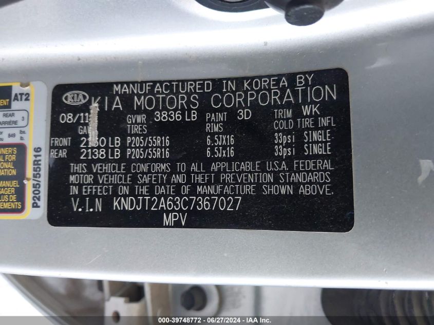 2012 Kia Soul + VIN: KNDJT2A63C7367027 Lot: 39748772