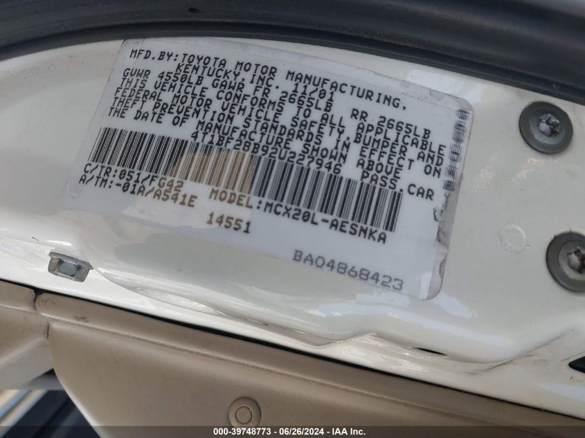 2002 Toyota Avalon Xl VIN: 4T1BF28B92U227946 Lot: 39748773