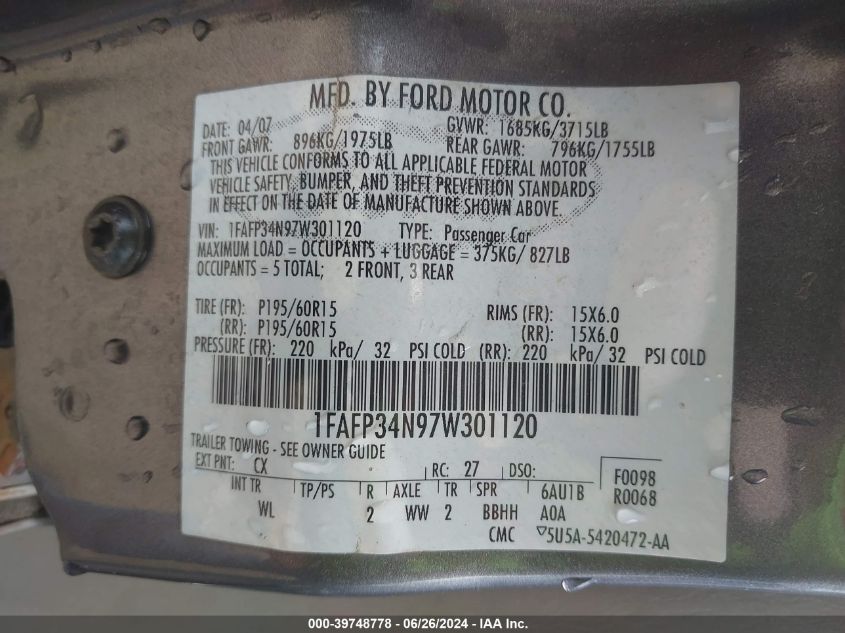 2007 Ford Focus S/Se/Ses VIN: 1FAFP34N97W301120 Lot: 39748778