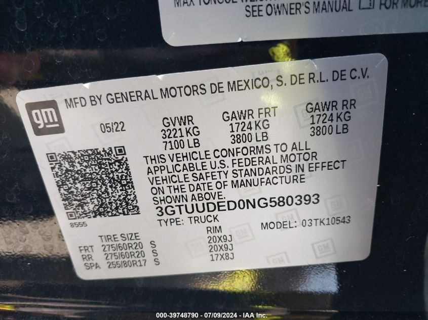 2022 GMC Sierra 1500 4Wd Short Box Slt VIN: 3GTUUDED0NG580393 Lot: 39748790