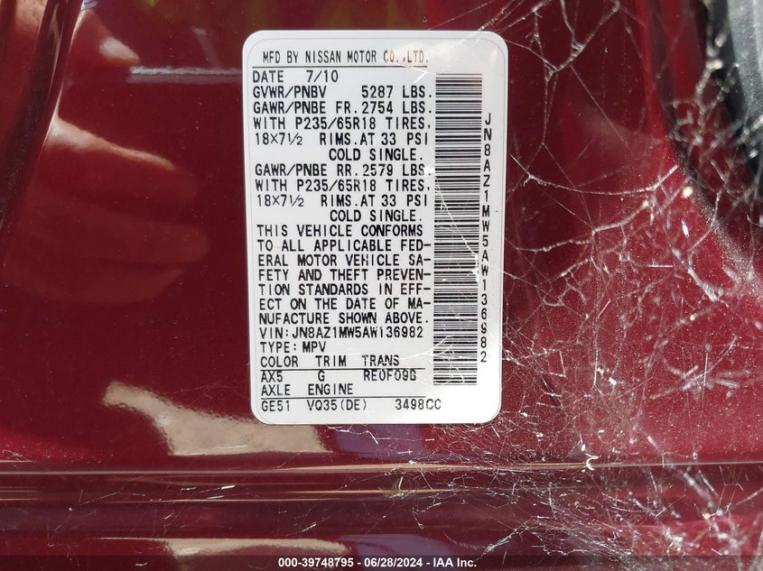 2010 Nissan Murano Sl VIN: JN8AZ1MW5AW136982 Lot: 39748795