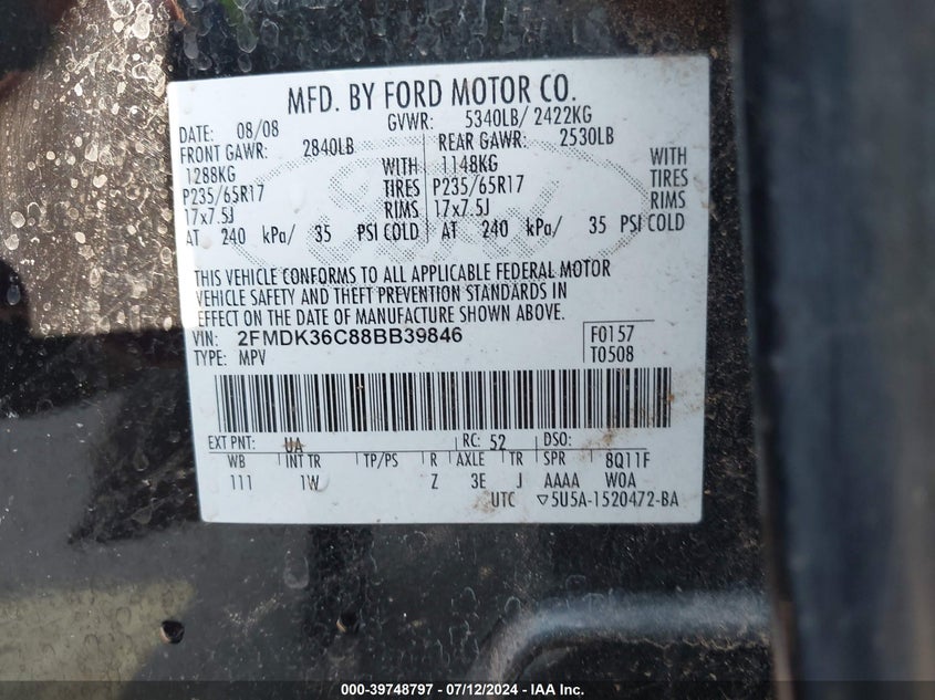 2008 Ford Edge Se VIN: 2FMDK36C88BB39846 Lot: 39748797