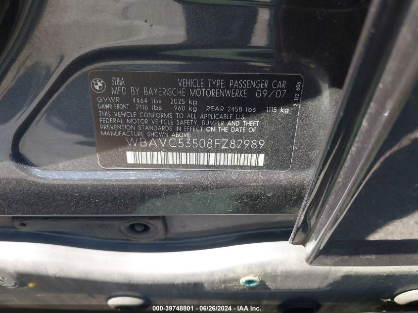 2008 BMW 328 I Sulev VIN: WBAVC53508FZ82989 Lot: 39748801