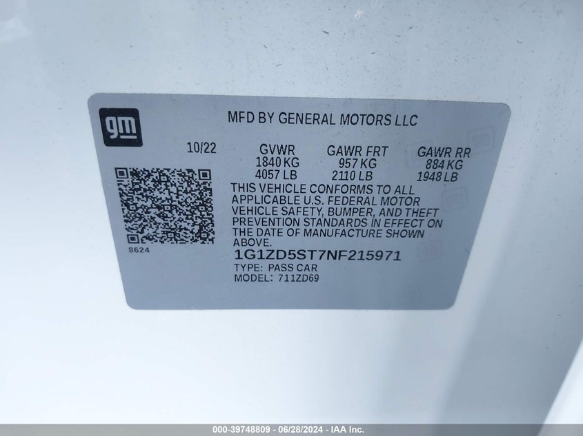 2022 Chevrolet Malibu Fwd Lt VIN: 1G1ZD5ST7NF215971 Lot: 39748809