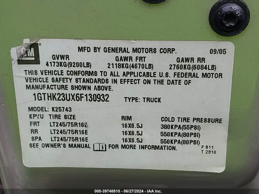 2006 GMC Sierra K2500 Heavy Duty VIN: 1GTHK23UX6F130932 Lot: 39748810