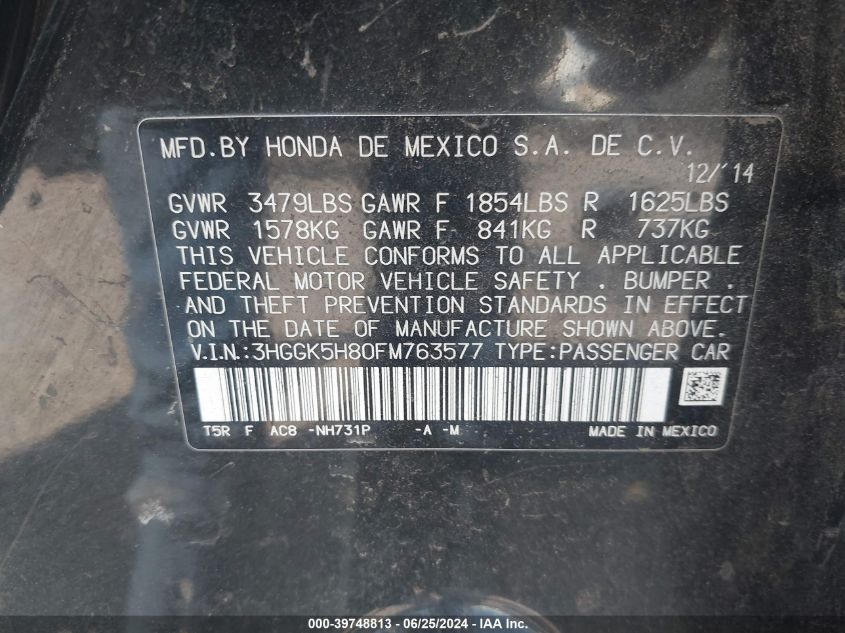 2015 Honda Fit Ex/Ex-L VIN: 3HGGK5H80FM763577 Lot: 39748813