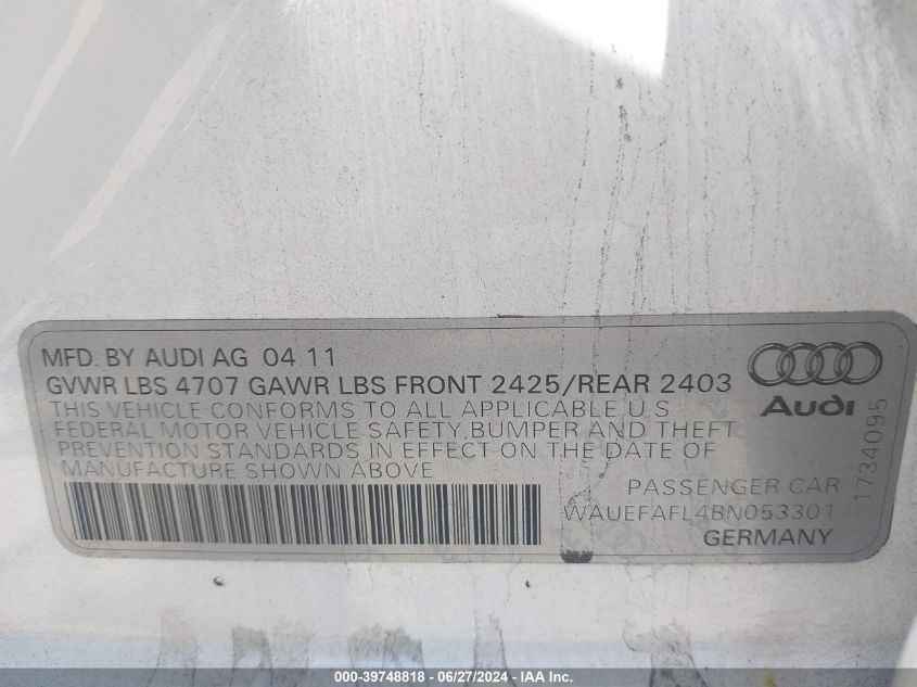 2011 Audi A4 2.0T Premium VIN: WAUEFAFL4BN053301 Lot: 39748818