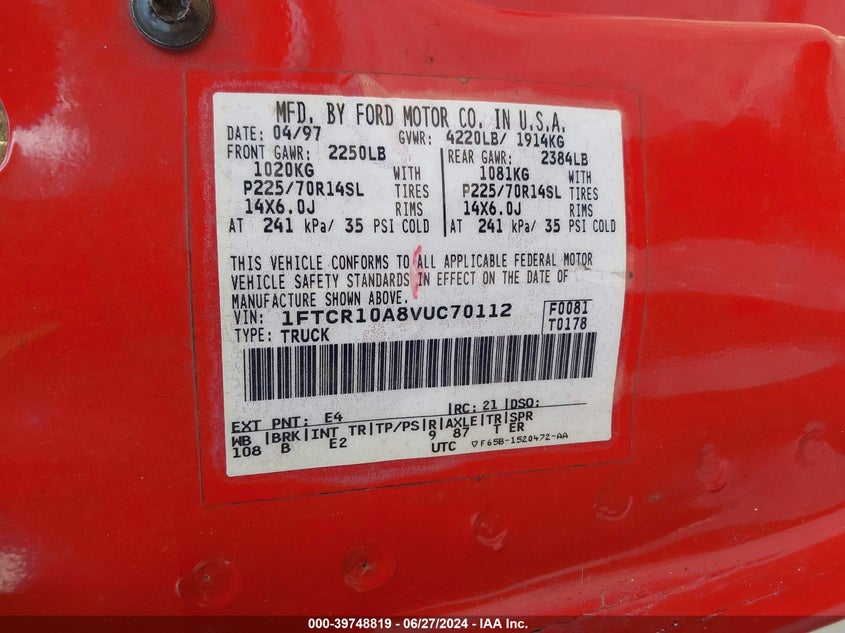 1997 Ford Ranger Splash/Xl/Xlt VIN: 1FTCR10A8VUC70112 Lot: 39748819