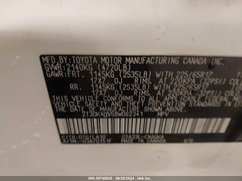 2011 Toyota Rav4 Limited VIN: 2T3DK4DV5BW062341 Lot: 39748825