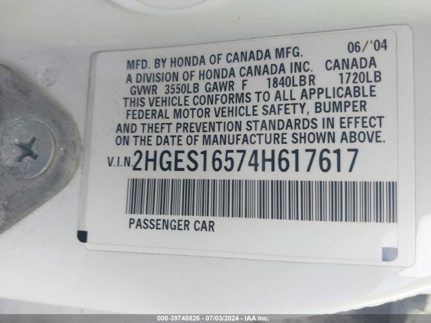 2004 Honda Civic Lx VIN: 2HGES16574H617617 Lot: 39748826