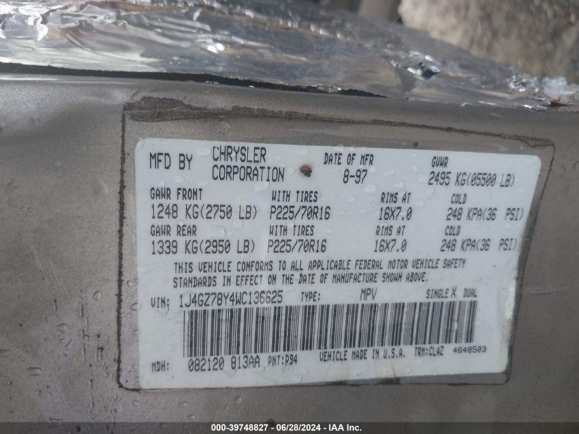 1998 Jeep Grand Cherokee Limited VIN: 1J4GZ78Y4WC136625 Lot: 39748827