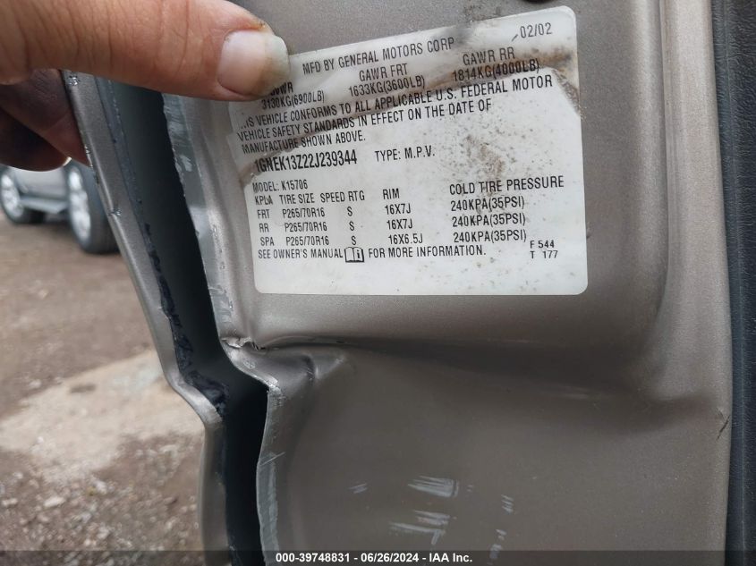 2002 Chevrolet Tahoe Lt VIN: 1GNEK13Z22J239344 Lot: 39748831