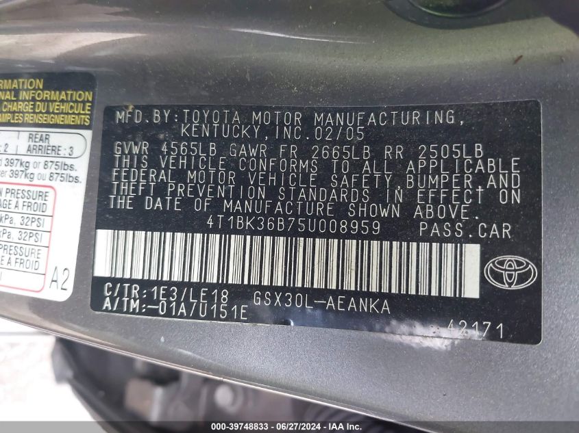 2005 Toyota Avalon Xl/Touring/Xls/Limited VIN: 4T1BK36B75U008959 Lot: 39748833