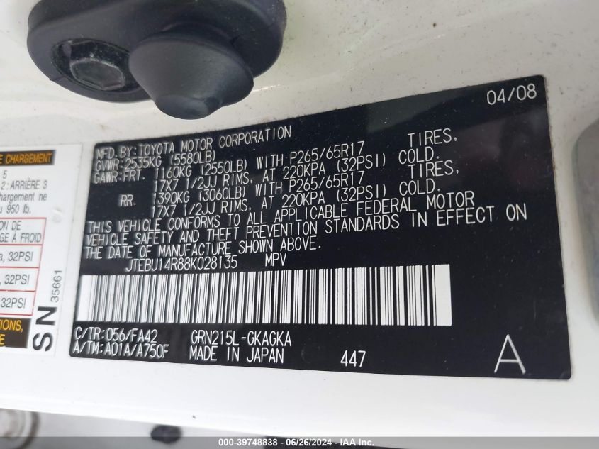 2008 Toyota 4Runner Sr5 V6 VIN: JTEBU14R88K028135 Lot: 39748838