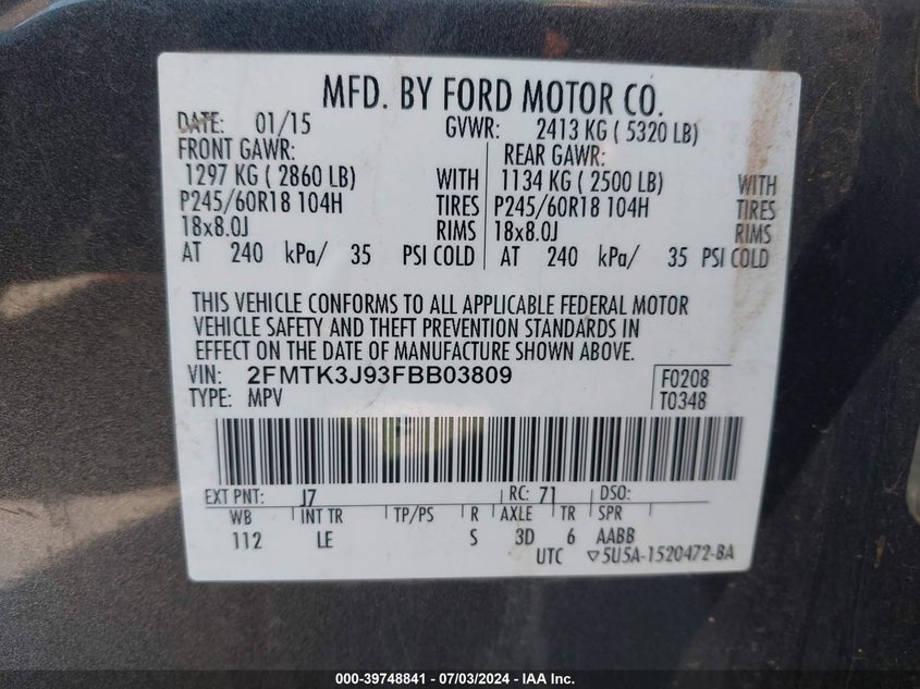 2015 Ford Edge Sel VIN: 2FMTK3J93FBB03809 Lot: 39748841
