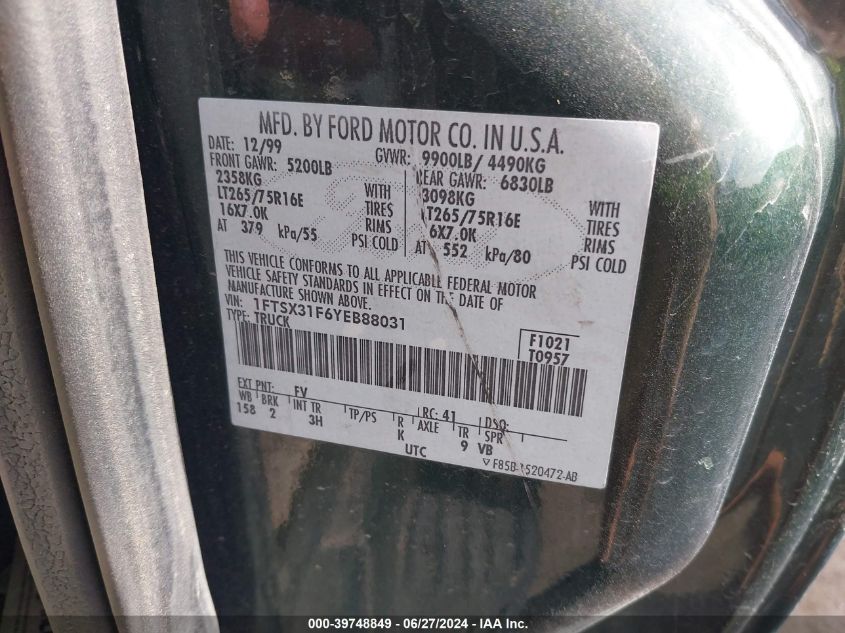 2000 Ford F-350 Lariat/Xl/Xlt VIN: 1FTSX31F6YEB88031 Lot: 39748849