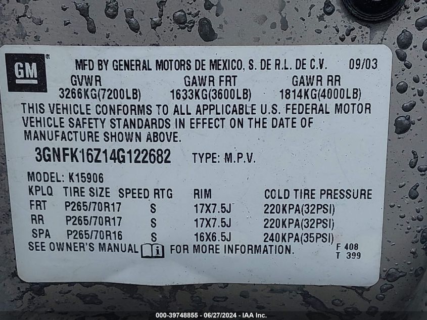 2004 Chevrolet Suburban 1500 Lt VIN: 3GNFK16Z14G122682 Lot: 39748855