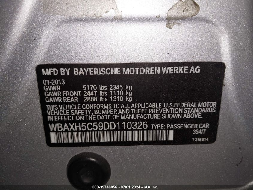 2013 BMW 528I xDrive VIN: WBAXH5C59DD110326 Lot: 39748856