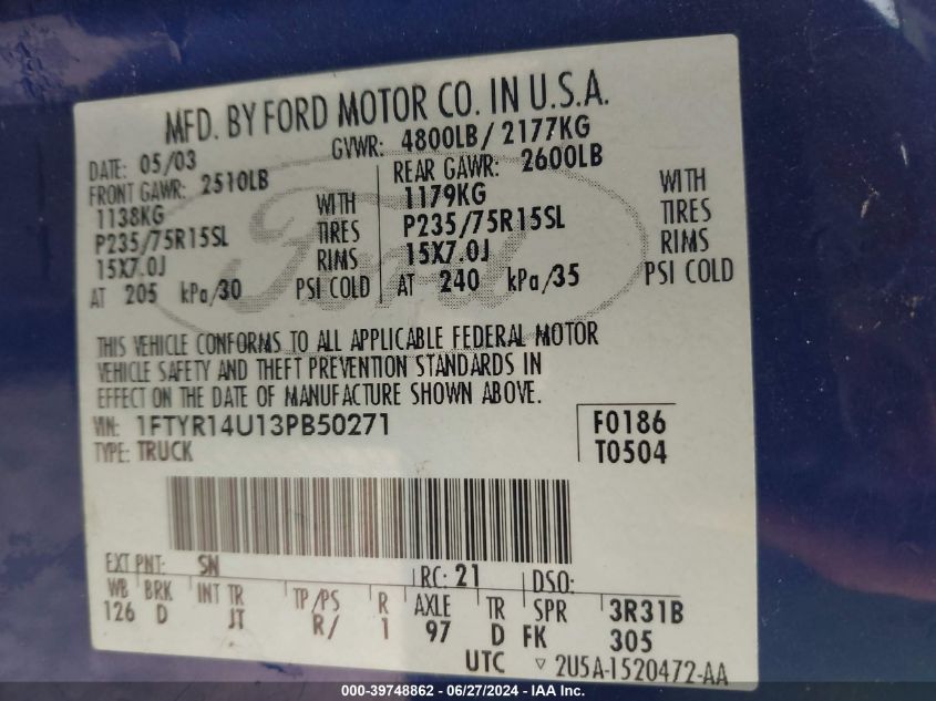 2003 Ford Ranger Edge/Tremor/Xl/Xlt VIN: 1FTYR14U13PB50271 Lot: 39748862