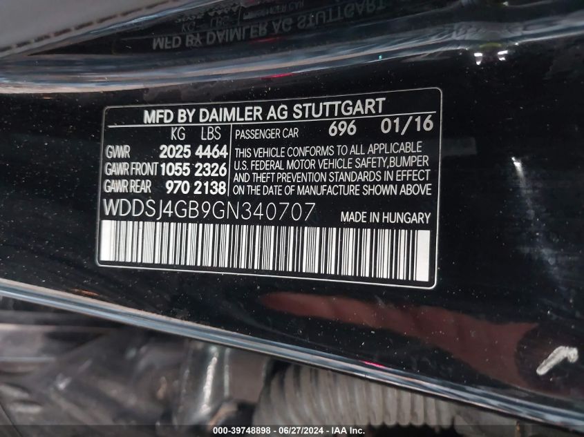 2016 Mercedes-Benz Cla 250 4Matic VIN: WDDSJ4GB9GN340707 Lot: 39748898