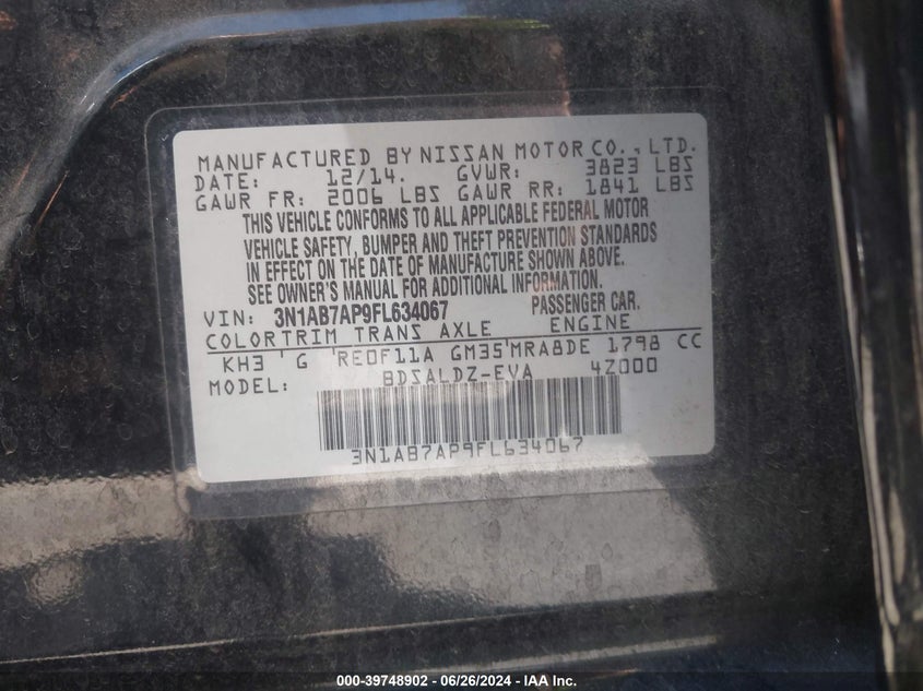 2015 Nissan Sentra Sv VIN: 3N1AB7AP9FL634067 Lot: 39748902