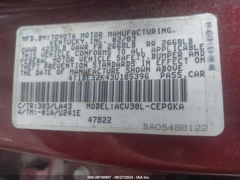 2003 Toyota Camry Xle VIN: 4T1BE32K43U185396 Lot: 39748907